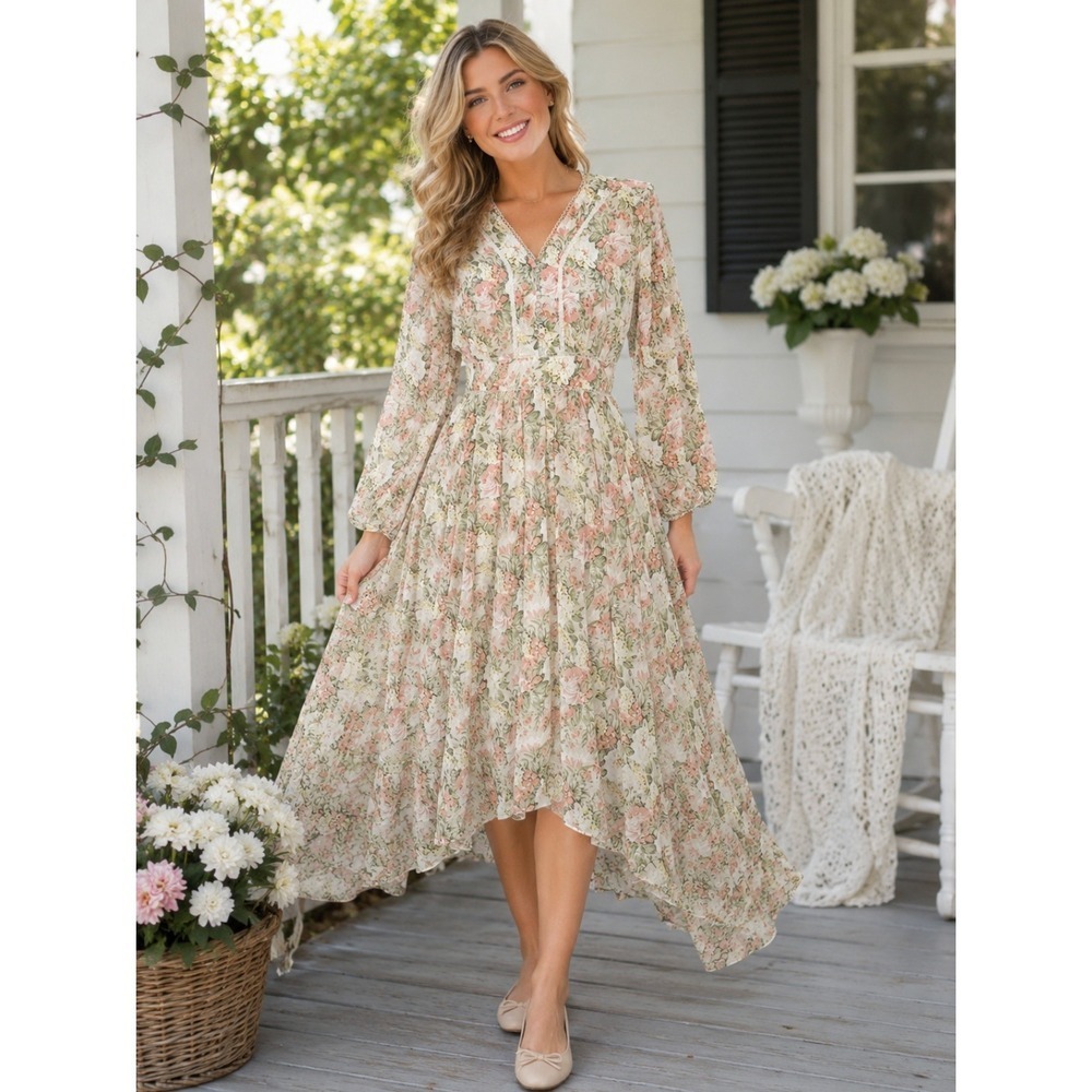 NWT IVY CITY CO Bree Floral Dress Midi Maxi Lace Trims Feminine Romantic Large